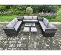 Fimous 11Seater Outdoor Lounge Sofa Set Wicker Pe Rattan Garden Furniture Set With Oblong Coffee Table 2 Small Footstools