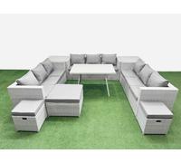 Fimous 12 Seat Outdoor Patio Pe Rattan Garden Furniture With Cushions 3 Seater Sofa 2 Side Tables 3 Stool Light Grey
