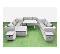 Fimous 12 Seat Outdoor Patio PE Rattan Garden Furniture with Cushions 3 Seater Sofa Side Table 3 Stool Light Grey