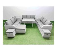 12 Seat Outdoor PE Rattan Garden Furniture with 2 Side Tables 3 Stool Fimous Light Grey One Size
