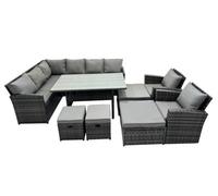 Fimous 12 Seat Poly Rattan Outdoor Patio Dining Table Corner Sofa Set with 4 Stool 2 Chairs for Garden Backyard Dark Grey Mixed
