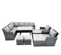 Fimous 12 Seat Patio Oblong Dining Table Corner Sofa Set with 4 Stool 2 Chair