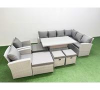 Fimous 12 Seat Rattan Garden Furniture Corner Sofa Set Outdoor Adjustable Lifting Dining or Coffee Table Set with Armchair Light Grey