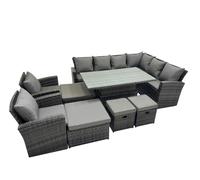 Fimous 12 Seat Rattan Garden Furniture Corner Sofa Set Outdoor Adjustable Lifting Dining or Coffee Table Set with 4 Footstools Dark Grey Mixed