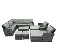 Fimous 12 Seat Rattan High Back Corner Sofa Set Patio Coffee Table Sets with 4 Stools 2 Chairs Dark Grey Mixed