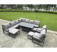 Fimous L-shaped Garden Furniture Set 12-Seater Aluminium Outdoor Dining Set with Adjustable Rising Lifting Dining Table 3 Footstools 2 Chairs Dark Gre