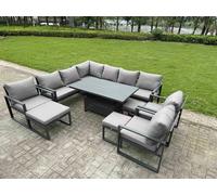 Fimous 12 Seater Aluminium Garden Furniture Set with Adjustable Rising Dining Table, Corner Sofa, 3 Footstools, 3 Chairs - Grey