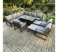 Fimous 12 Seater Aluminium Garden Furniture Set with Lounge Sofa, Gas Fire Pit Dining Table, 3 Chairs, 2 Big Footstools - Dark Grey