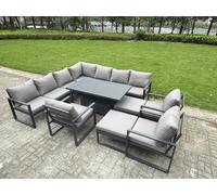 Fimous 12 Seater Aluminium Sofa Set 11 Piece Outdoor Garden Furniture - Rising Dining Table w/ Cushions 2 Big Footstools 3 Chairs Footstool Dark Grey