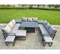 Fimous 12 Seater Aluminum Outdoor Garden Furniture Set with Adjustable Rising Dining Table, 3 Sofas, 3 Footstools, 2 Side Tables - Grey