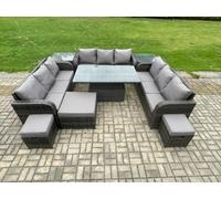 Fimous 12 Seater Rattan Outdoor Lounge & Dining Set with Rising Table, Sofa, 2 Side Tables, 3 Footstools - Dark Grey
