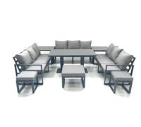 Fimous 12 Seater Garden Sofa Set Aluminium Furniture Rising Dining Tabe Set with 2 Side Tables 3 Footstools Dark Grey Fimous Dark Grey