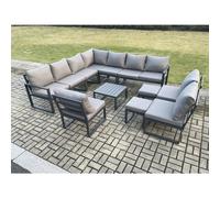 Fimous 12 Seater Outdoor Aluminium Garden Furniture Set Corner Lounge Sofa Set with Square Coffee Table 2 Small Footstools Dark Grey