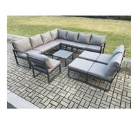 Fimous 12 Seater Outdoor Aluminium Garden Furniture Set Corner Lounge Sofa Set with Square Coffee Table 2 Big Footstools Dark Grey