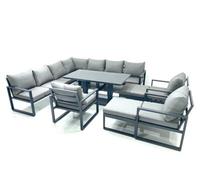 Fimous 12 Seater Outdoor Aluminum Garden Furniture Set Corner Sofa 3 Chair 2 Big Footstools Adjustable Rising Lifting Table Sets Dark Grey
