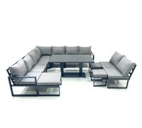 Fimous 12 Seater Outdoor Aluminum Garden Furniture Set Corner Sofa 3 Footstools Rising Lifting Dining Table Sets Dark Grey
