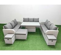Fimous 12 Seater Outdoor Garden Furniture Set Adjustable Lifting Dining Or Coffee Table 3 Seater Sofa 3 Stools Light Grey