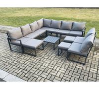 Fimous 12 Seater Patio Outdoor Garden Furniture Aluminium Lounge Corner Sofa Set with Square Coffee Table with 3 Footstools Dark Grey