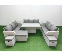 Fimous 12 Seater PE Rattan Garden Furniture Lounge Sofa Patio Set, Adj Height Table, 3 Seater Sofa, 3 Stools, Side Table, Light Grey