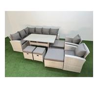 Fimous 12 Seater Rattan Garden Furniture Set Outdoor Patio Dining Corner Sofa Sets with Dining Table 2 Chairs 4 Footstools Light Grey Mixed