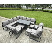 Fimous 13 Seater Aluminium L-shaped Garden Furniture Set with Adjustable Rising Dining Table, 3 Footstools, 3 Chairs - Dark Grey