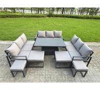 Fimous 13 Seater Aluminum Outdoor Garden Furniture Set with Adjustable Rising Dining Table, 3 Sofas & 4 Footstools - Grey
