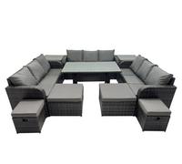 Fimous 13 Seater Garden Outdoor Rattan Furniture Set Rattan Sofa Oblong Dining Table With 2 Side Table 4 Footstools Dark Grey