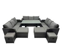 Fimous 13 Seater Garden Outdoor Rattan Furniture Set Rattan Sofa Oblong Dining Table with 4 Footstools Dark Grey
