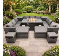 Fimous 13 Seater Rattan Dining Set with Fire Pit Table, 3 Sofas, 4 Footstools, 2 Side Tables