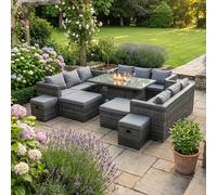 Fimous 13 Seater Rattan Garden Furniture Set with Fire Pit Dining Table, 3 Sofas, 4 Footstools - Dark Grey