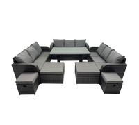 Fimous 13 Seater Garden Outdoor Rattan Furniture Set Rattan Sofa Oblong Dining Table With 4 Footstools Dark Grey