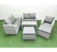 Fimous 2 Big Stool Wicker Patio Set, High Back Poly Rattan, Reclining Loveseat Sofa, Oblong Coffee Table, Indoor Outdoor and Side Table, Light Grey