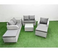 Fimous 2 Big Stool Wicker Set, High Back Poly Rattan, Reclining Loveseat, Square Coffee Table, Indoor Outdoor and Side Table, Light Grey