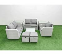 Fimous 2 Stool Patio Set, High Back Poly Rattan, Reclining Loveseat Sofa, Square Coffee Table, Indoor Outdoor and 2 Side Tables, Light Grey
