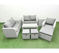 Fimous High Back Poly Rattan Garden Furniture Set Reclining Chair Loveseat Sofa Oblong Coffee Table Set 3 Stools 2 Side Table