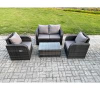 Fimous 4 PC Outdoor PE Rattan Garden Furniture Set Wicker Love Sofa Coffee Table 2 Armchair Dark Grey Mixed Fimous Dark Grey