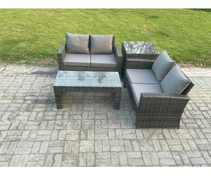Fimous 4-Piece Poly Rattan Garden Furniture Set - Dark Grey Mixed Outdoor Patio PE Wicker Set with Loveseat & Table