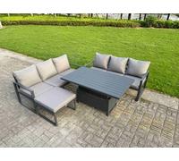 Fimous 4 Pieces Garden Furniture Set Aluminium Adjustable Rising Lifting Dining Table And Sofa Set With Big Footstool Dark Grey