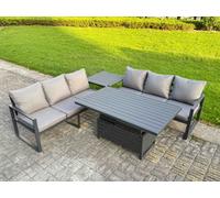 Fimous 4 Pieces Garden Furniture Set Aluminium Adjustable Rising Lifting Dining Table And Sofa Set With Side Table Dark Grey