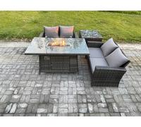 Fimous 4 Pieces Garden Furniture Sets Poly Rattan Outdoor Patio Gas Fire Pit Dining Table Sofa Set for Garden Backyard Dark Grey Mixed