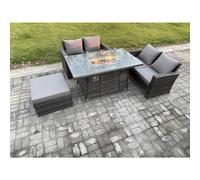 Fimous 4 Pieces Garden Furniture Sets Poly Rattan Outdoor Patio Gas Firepit Dining Table Sofa Set with Big Footstool in Dark Grey Fimous Dark Grey