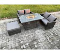 Fimous 4 Pieces Garden Furniture Sets Poly Rattan Outdoor Patio Gas Firepit Dining Table Sofa Set with Big Footstool in Dark Grey Fimous Dark Grey