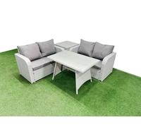Fimous 4 Seat Outdoor Love Sofa Set Rattan Garden Furniture Set with Rectangular Dining Table Side Table Light Grey