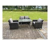 Fimous 4 Seater Outdoor Dark Grey Mixed High Back Rattan Sofa Dining Table Set Garden Furniture Patio