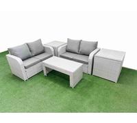 Fimous 4 Seater Outdoor Love Sofa Set Rattan Garden Furniture Set with Oblong Coffee Table 2 Side Tables Light Grey
