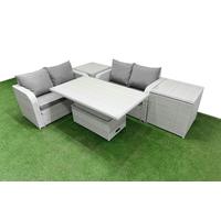 Fimous 4 Seater Outdoor Love Sofa Set Rattan Garden Furniture Set with Adjustable Lifting Dining or Coffee Table 2 Side Tables