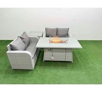 Fimous 4 Seater Outdoor Love Sofa Set Rattan Garden Furniture Set with Firepit Dining Table Side Table Light Grey