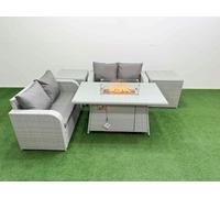 Fimous 4 Seater Outdoor Love Sofa Set Rattan Garden Furniture Set with Firepit Dining Table 2 Side Tables Light Grey Fimous Light Grey