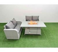 Fimous 4 Seater Outdoor Love Sofa Set Rattan Garden Furniture Set with Firepit Dining Table Light Grey Fimous Light Grey