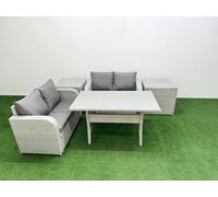 Fimous 4 Seater Outdoor Love Sofa Set Rattan Garden Furniture Set with Rectangular Dining Table 2 Side Tables Light Grey